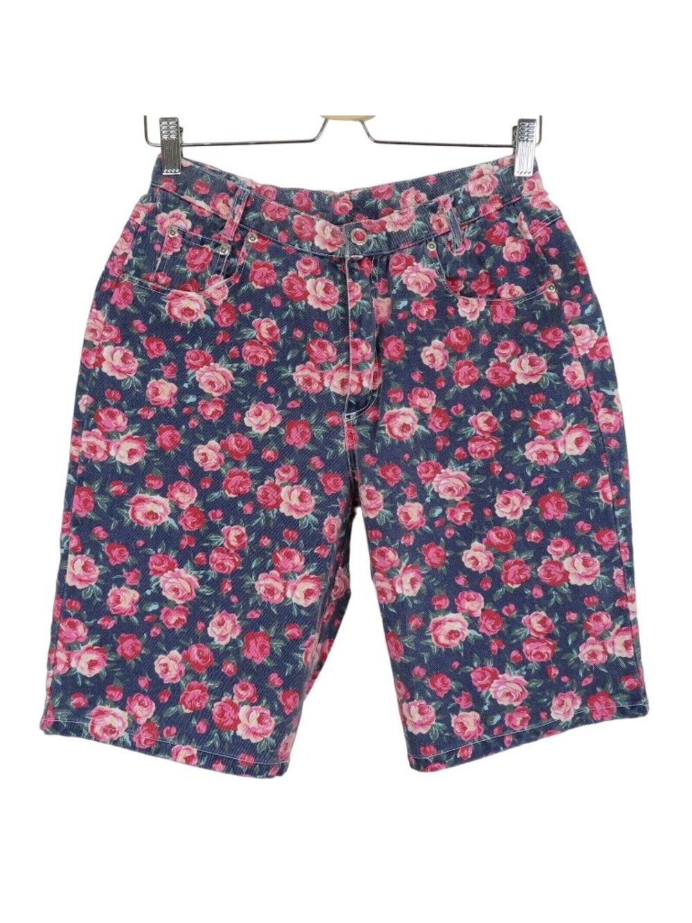 VTG Good Fellows Women 11/12 Pink Rose Flower Floral Denim Mom Shorts Pockets